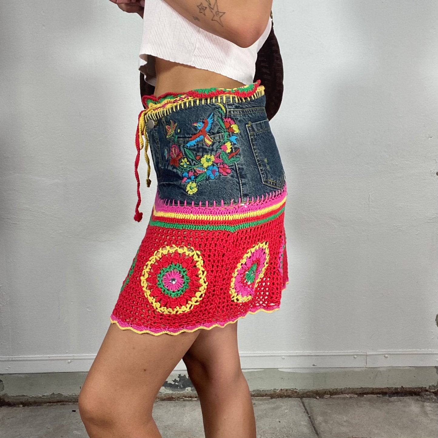 Vintage 90's Hippie Deinem and Crochet mini Skirt with Embroidery Details (S)