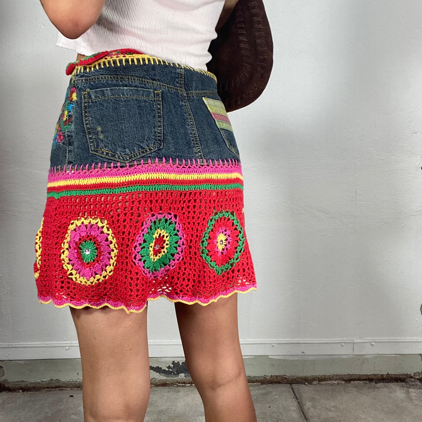 Vintage 90's Hippie Deinem and Crochet mini Skirt with Embroidery Details (S)