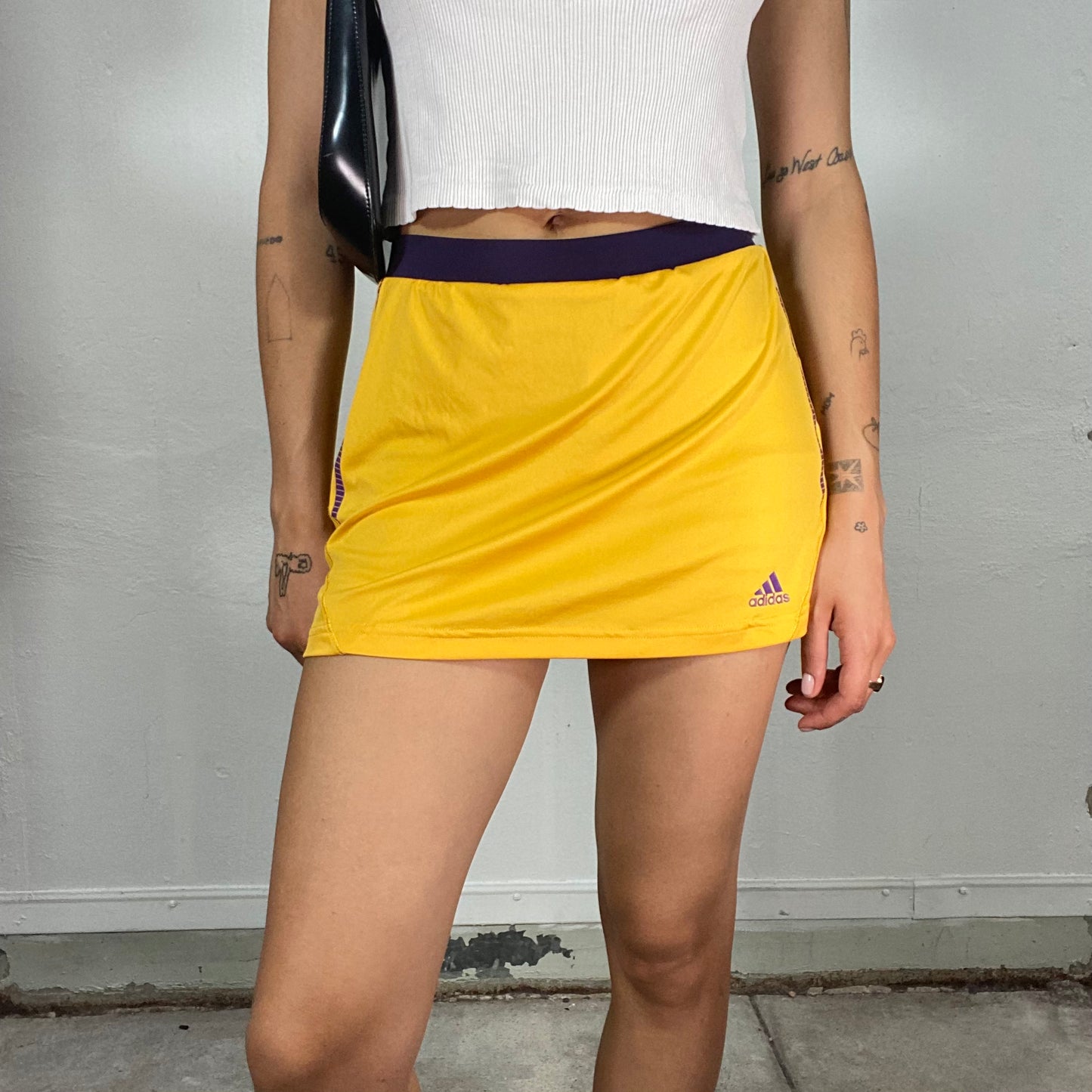 Vintage 90's Adidas Yellow and Purple Tennis Skirt with Shorts Underneath (S)