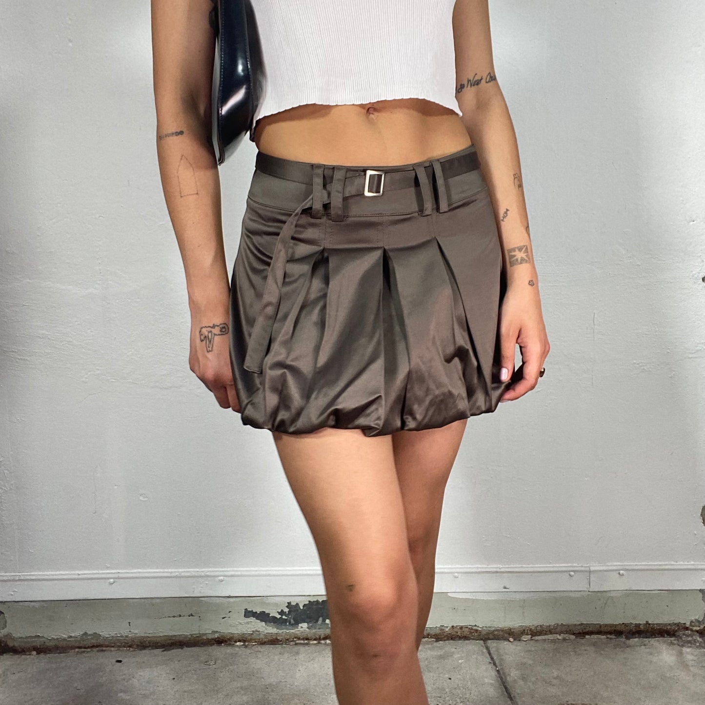 Vintage 2000's School Girl Brown Satin Balloon Mini Skirt (S)