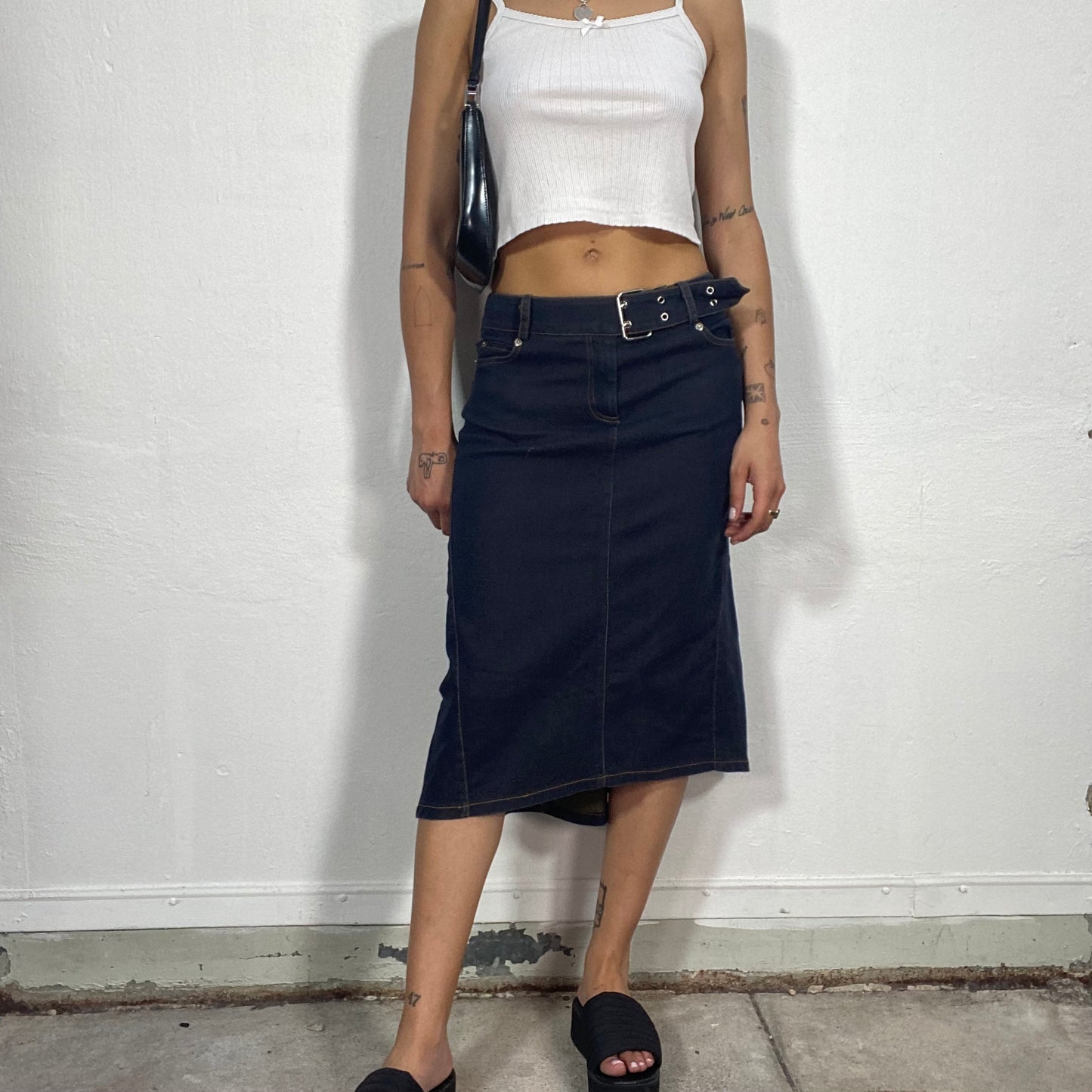 Vintage 90's Model Off Duty Raw Denim Midi Skirt with Wast Belt (S)