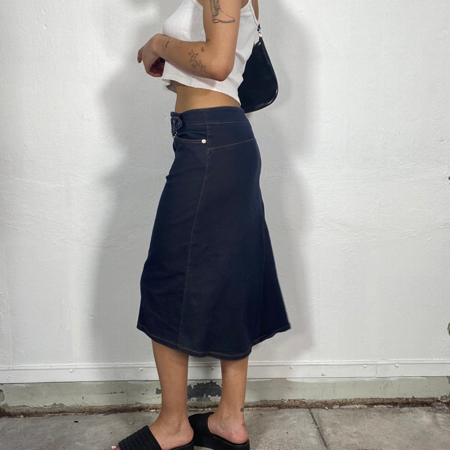 Vintage 90's Model Off Duty Raw Denim Midi Skirt with Wast Belt (S)