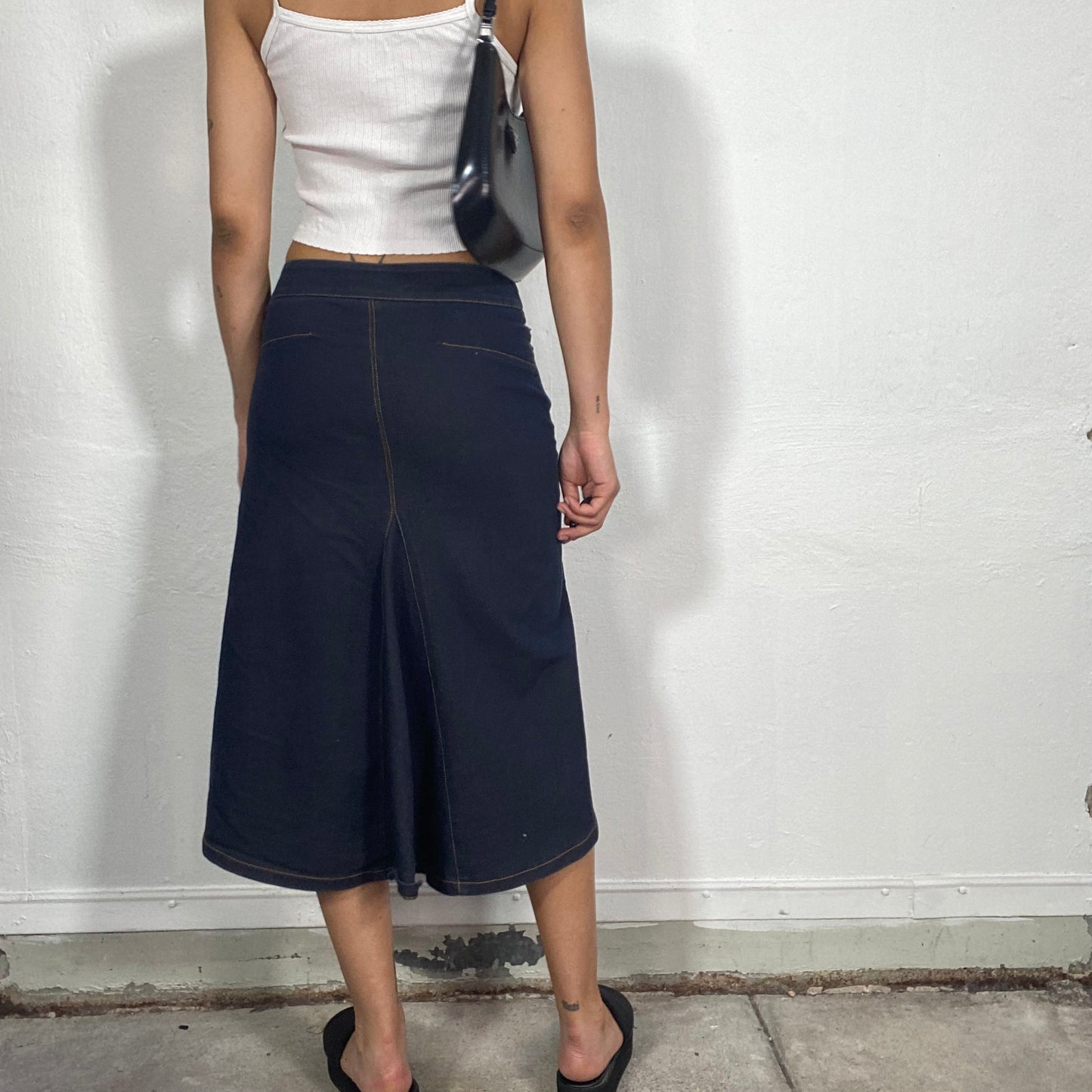 Vintage 90's Model Off Duty Raw Denim Midi Skirt with Wast Belt (S)