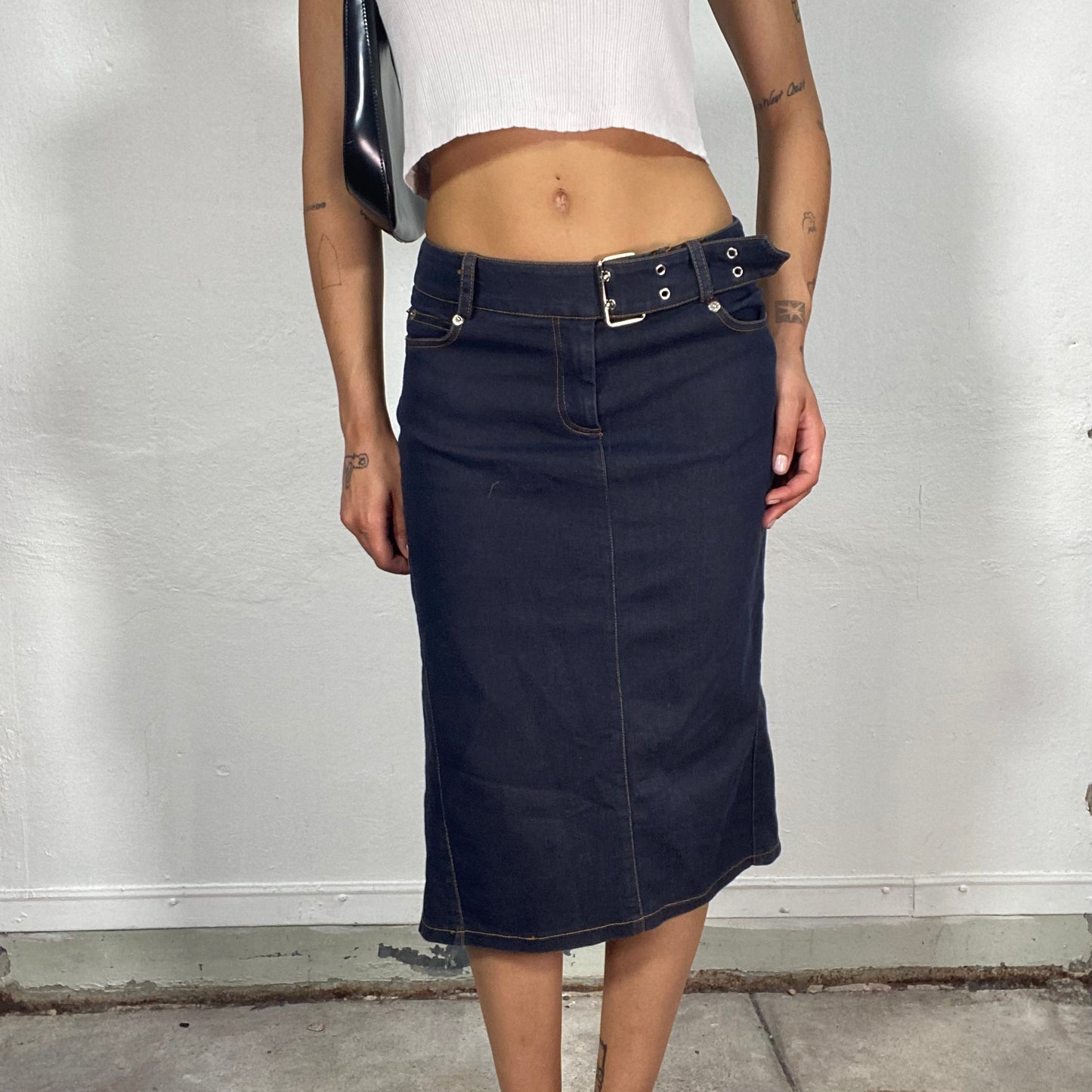 Vintage 90's Model Off Duty Raw Denim Midi Skirt with Wast Belt (S)