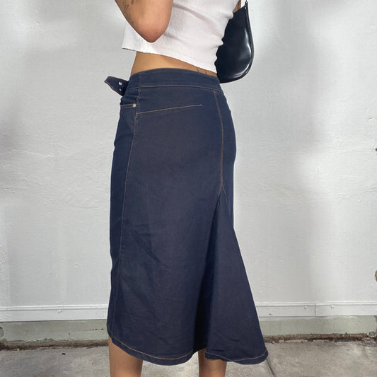 Vintage 90's Model Off Duty Raw Denim Midi Skirt with Wast Belt (S)