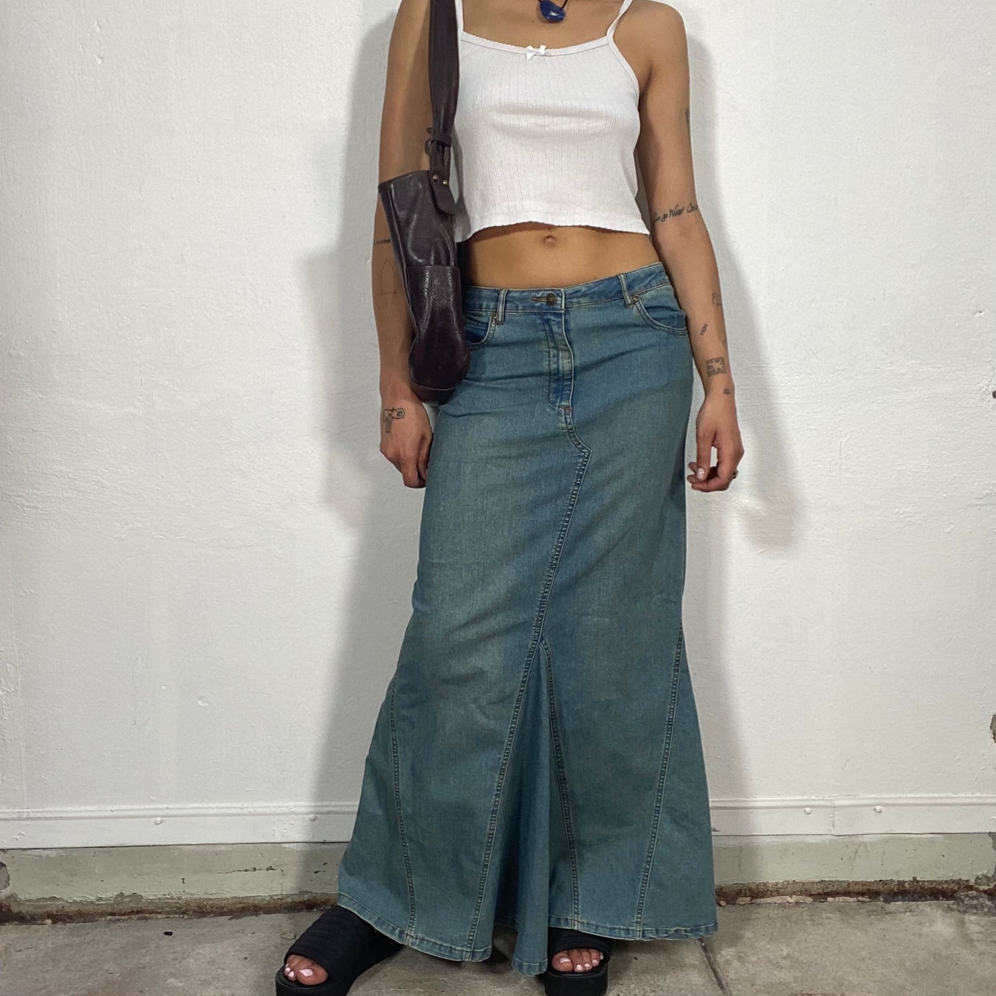 Vintage 90's Fairy Flared Denim Low Waist Maxi Skirt (S)