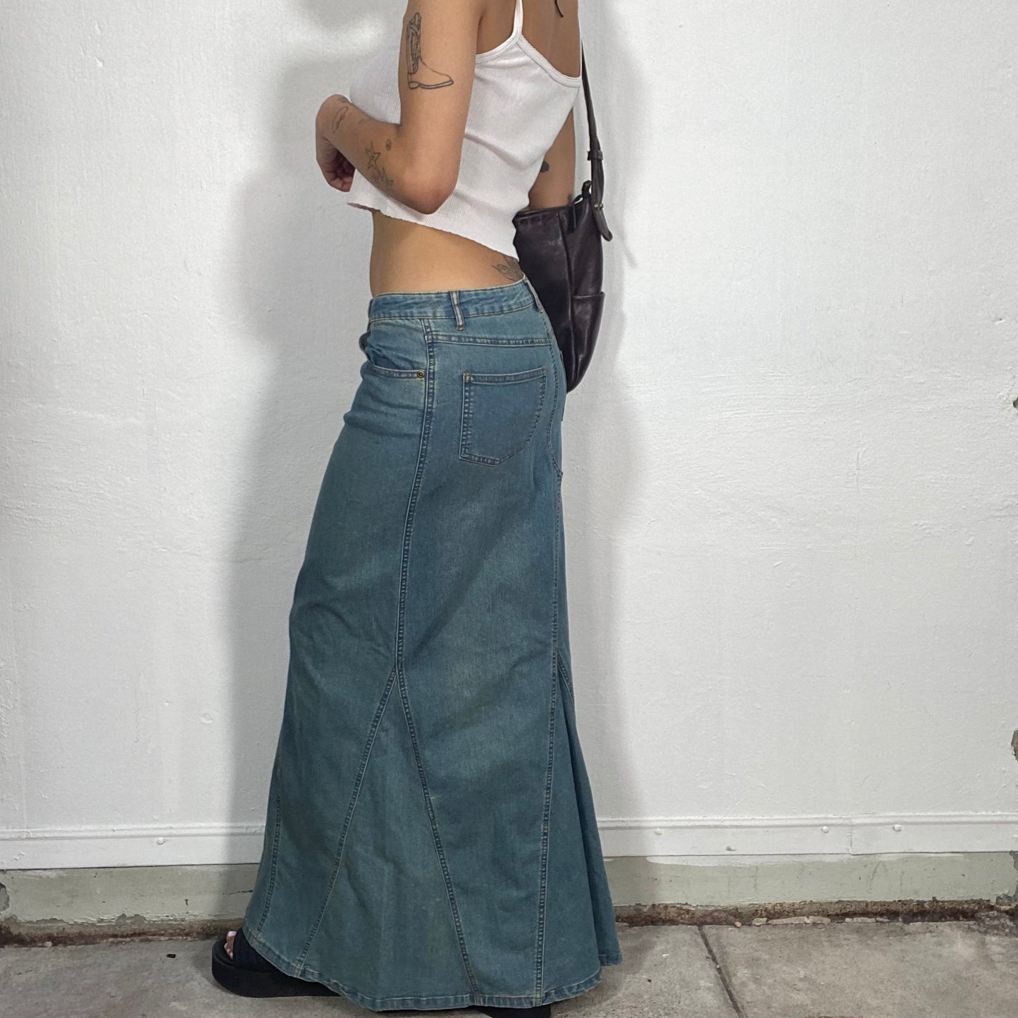 Vintage 90's Fairy Flared Denim Low Waist Maxi Skirt (S)