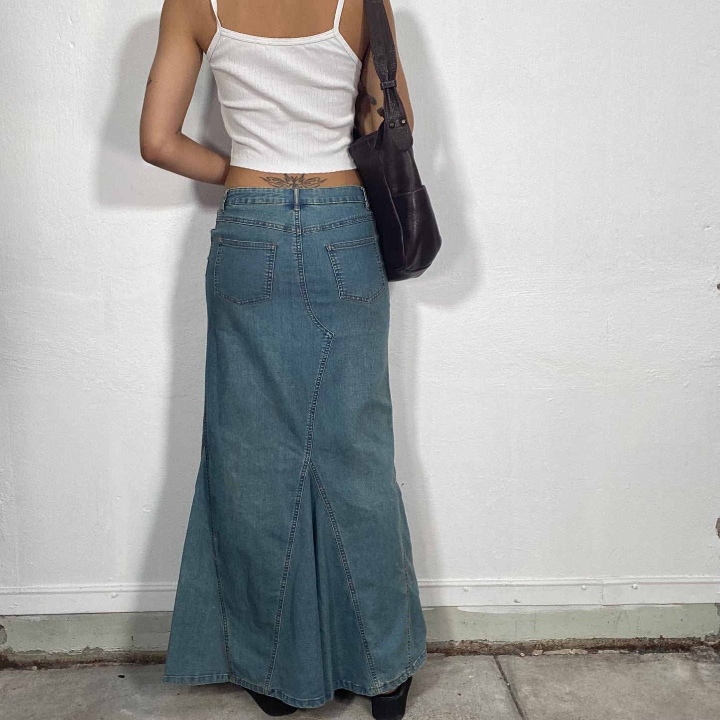 Vintage 90's Fairy Flared Denim Low Waist Maxi Skirt (S)