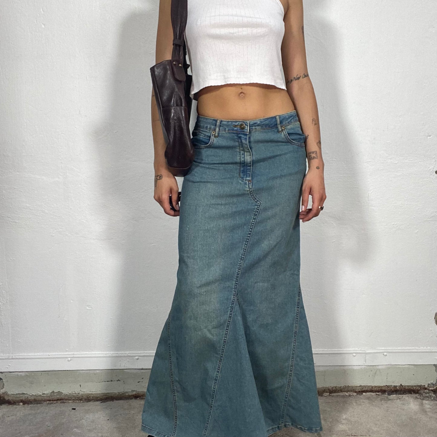 Vintage 90's Fairy Flared Denim Low Waist Maxi Skirt (S)