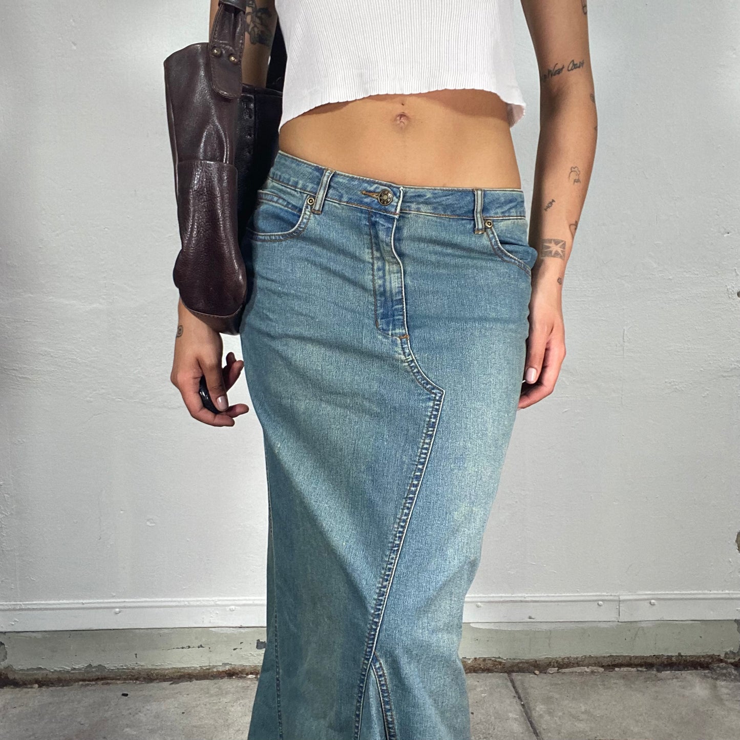 Vintage 90's Fairy Flared Denim Low Waist Maxi Skirt (S)