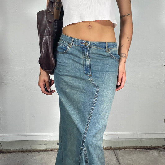 Vintage 90's Fairy Flared Denim Low Waist Maxi Skirt (S)