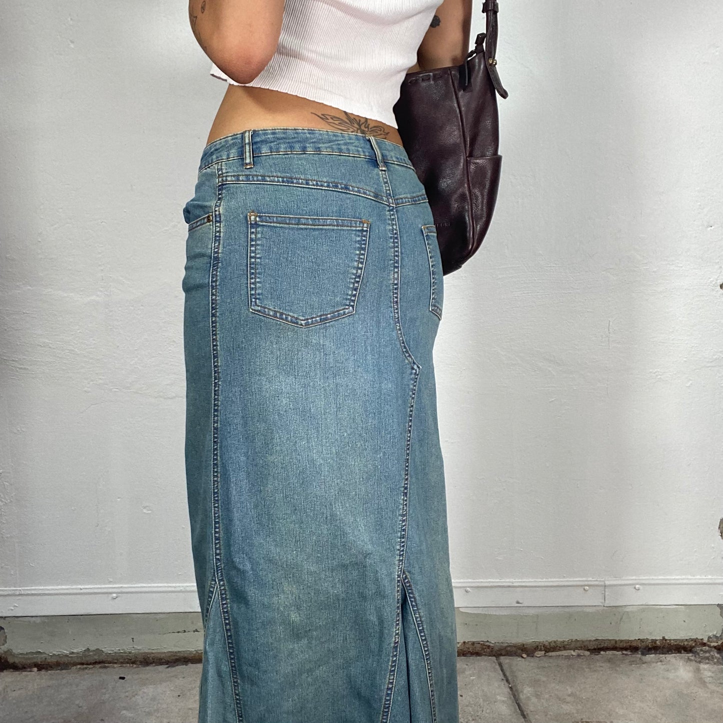 Vintage 90's Fairy Flared Denim Low Waist Maxi Skirt (S)