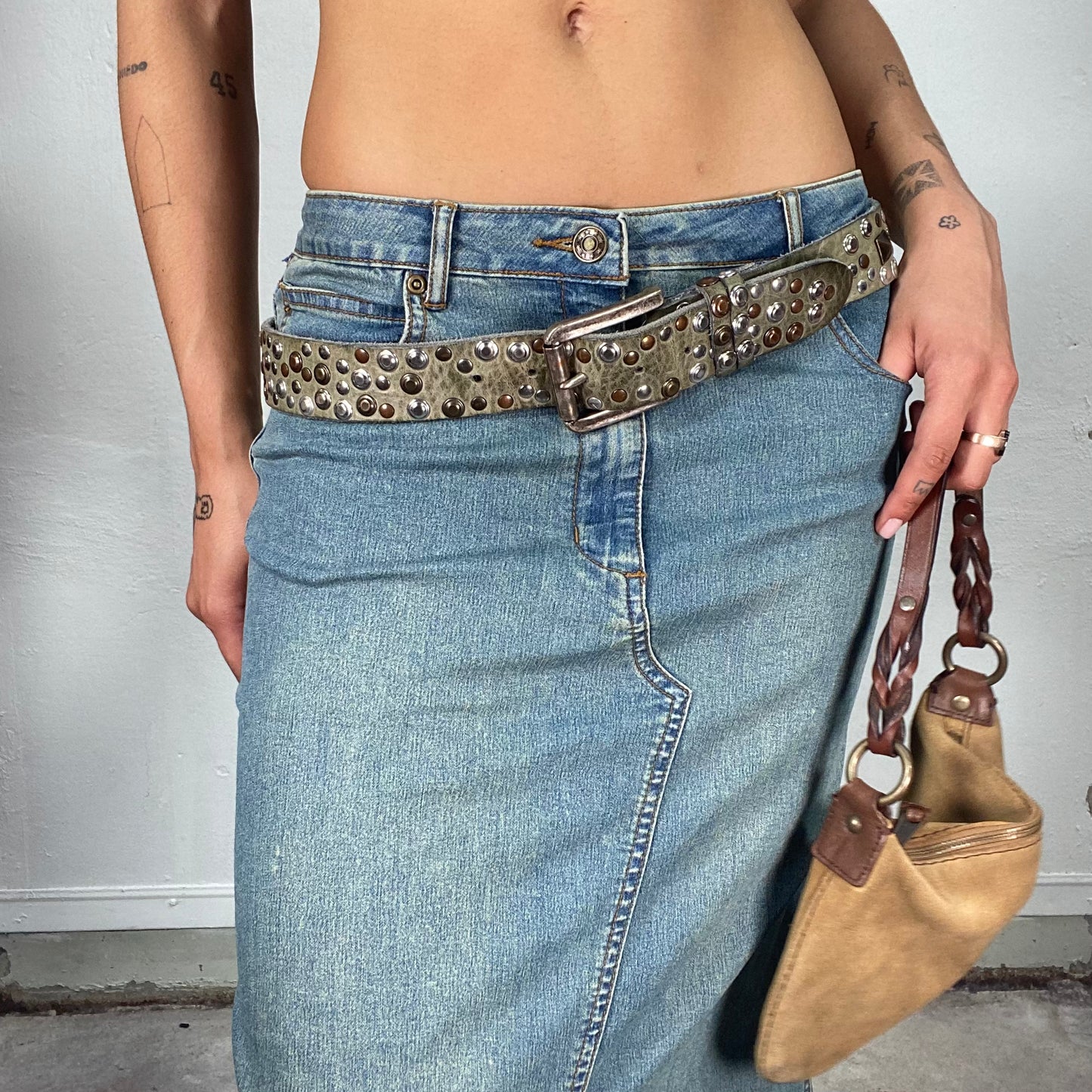 Vintage 2000's Grunge Khaki Leather Belt with Silver and Bras Studs