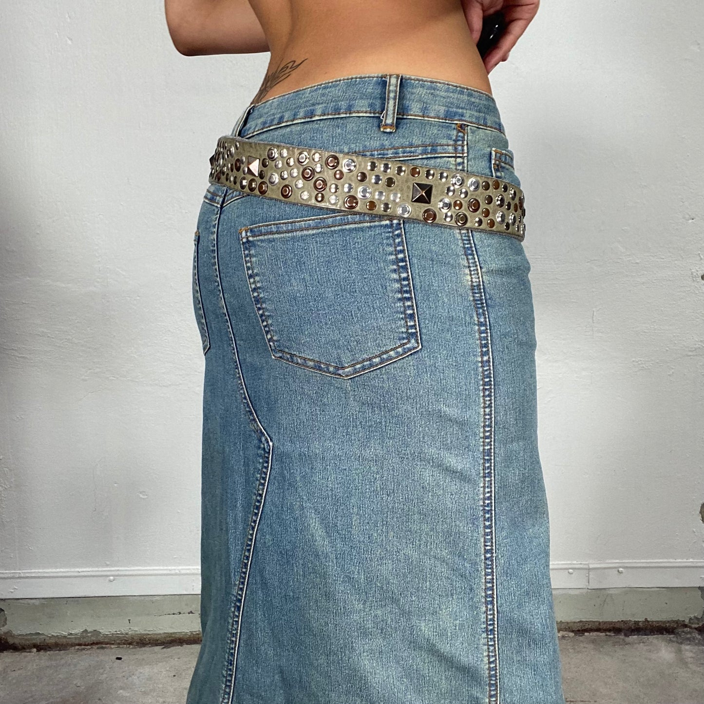 Vintage 2000's Grunge Khaki Leather Belt with Silver and Bras Studs