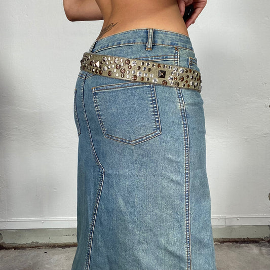 Vintage 2000's Grunge Khaki Leather Belt with Silver and Bras Studs