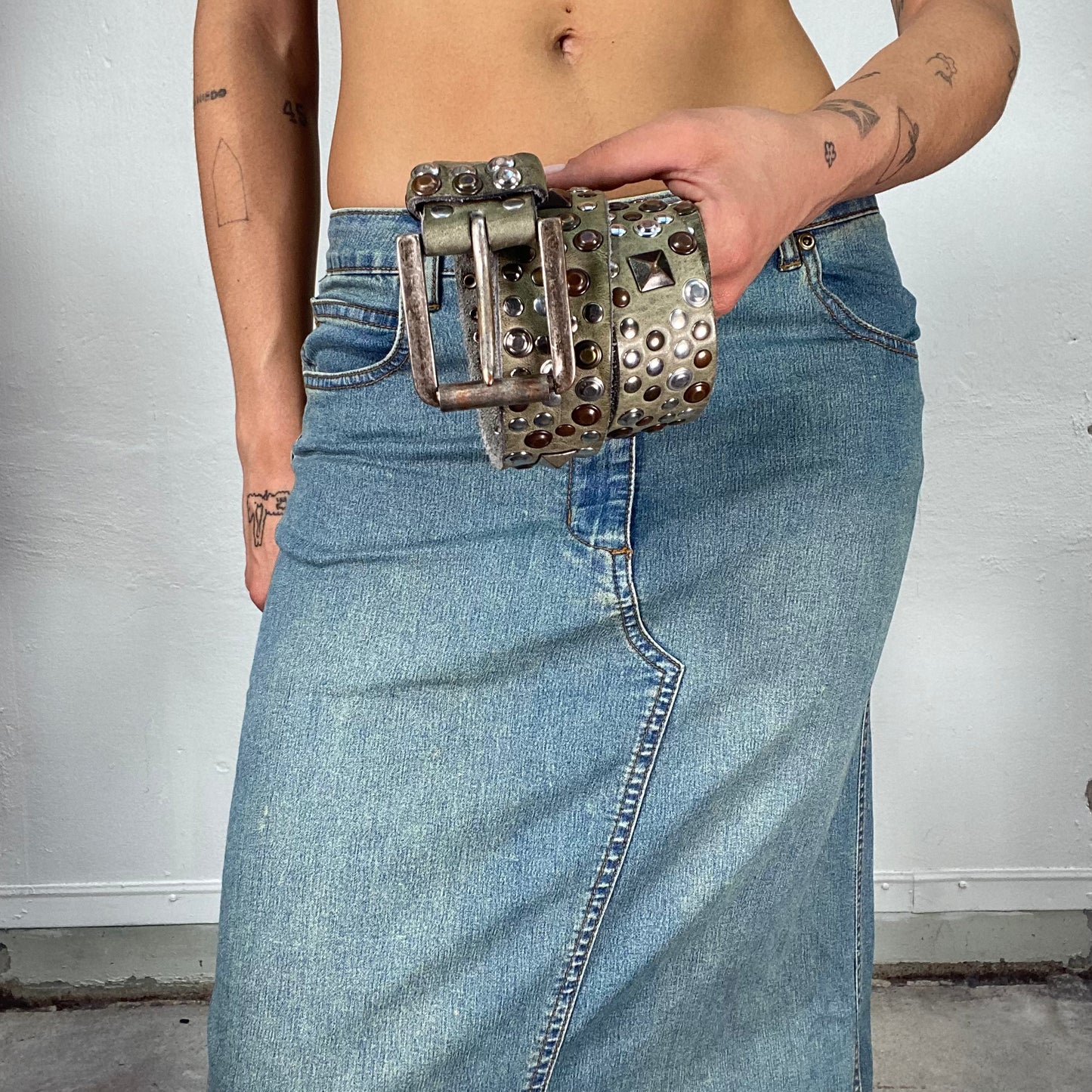 Vintage 2000's Grunge Khaki Leather Belt with Silver and Bras Studs