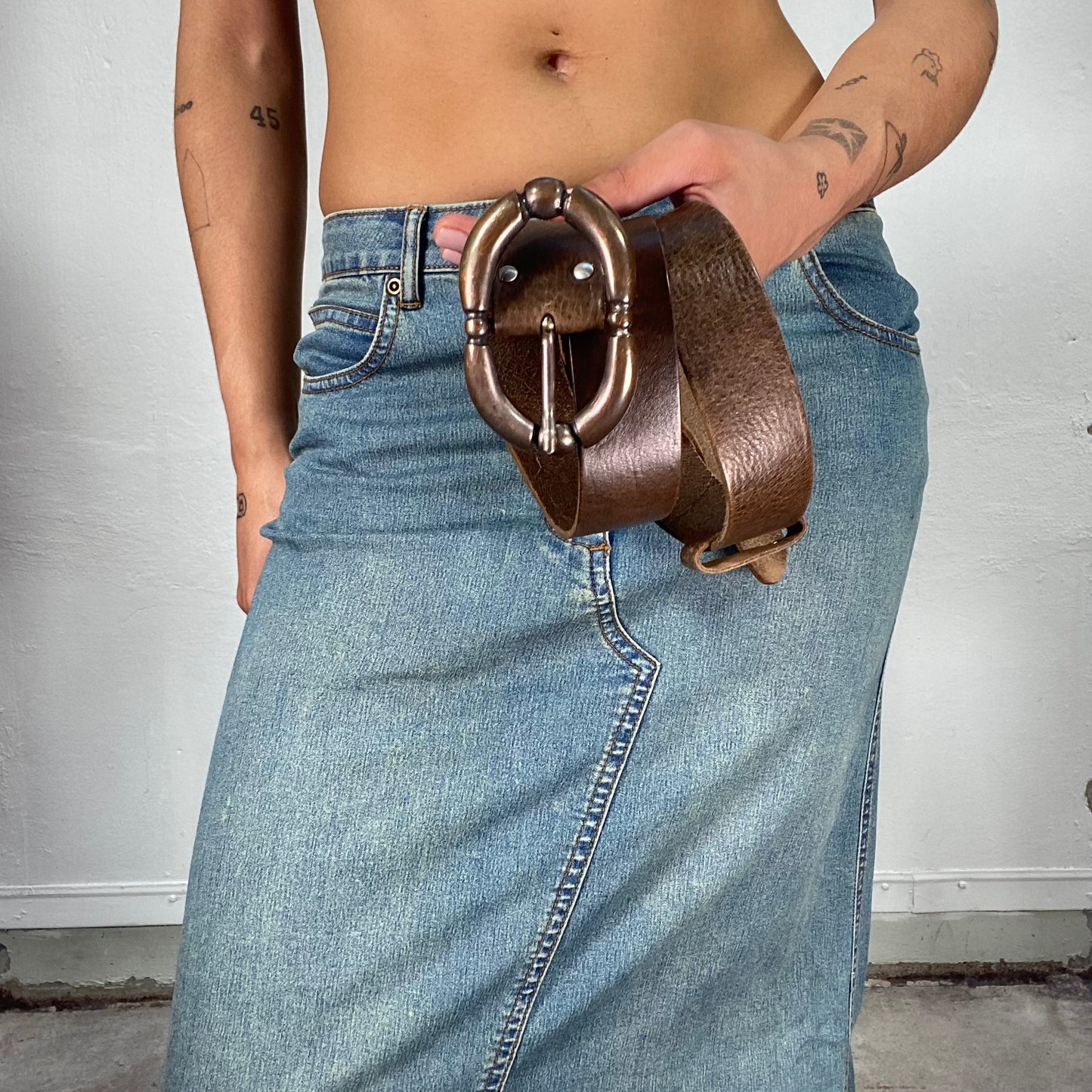 Vintage 90's Downtown Girl Brown  Leather Belt with Bras Buckle