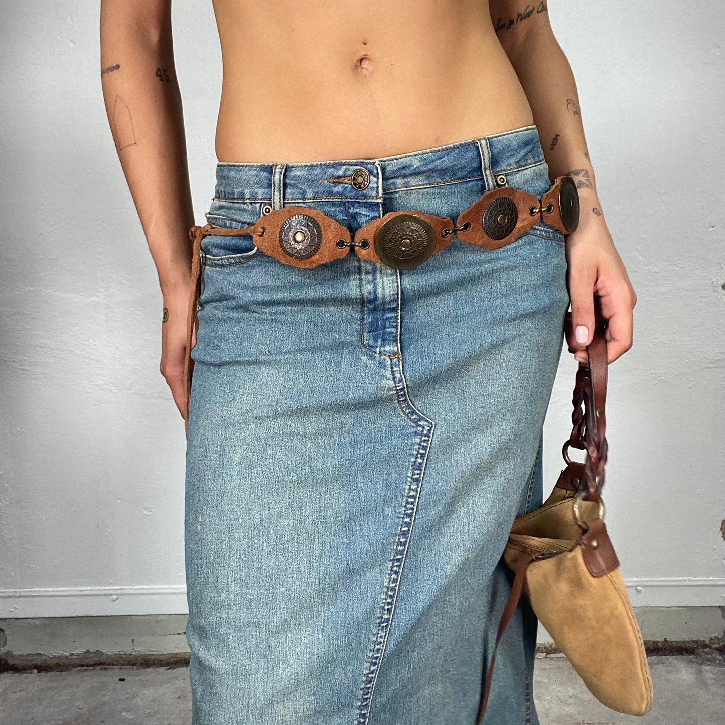 Vintage 90's Western Segment Leather Tie Belt with Bras Details