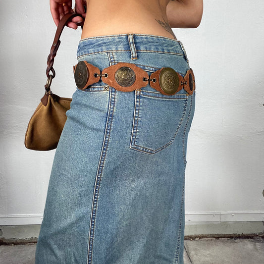 Vintage 90's Western Segment Leather Tie Belt with Bras Details