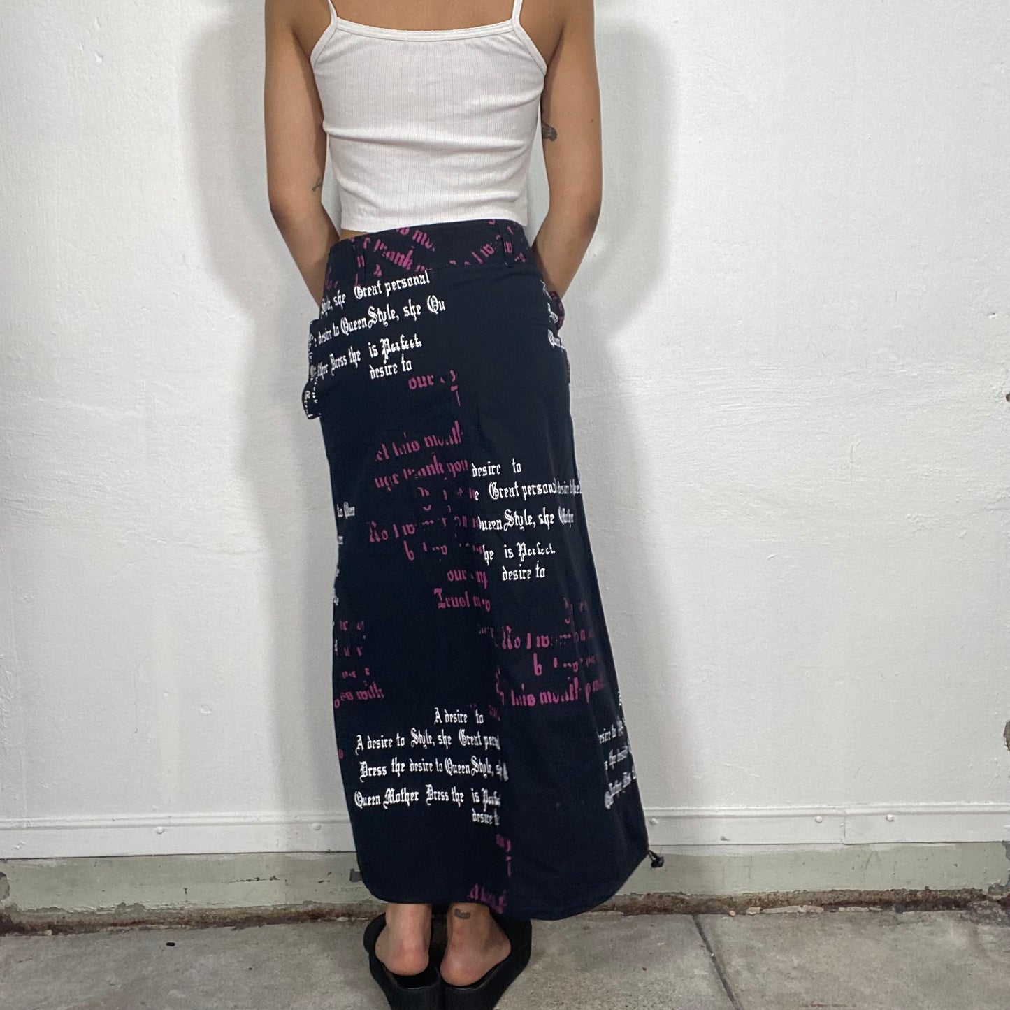 Vintage 2000's Punky Black Max Skirt with White and Pink Gothic Writing (S)