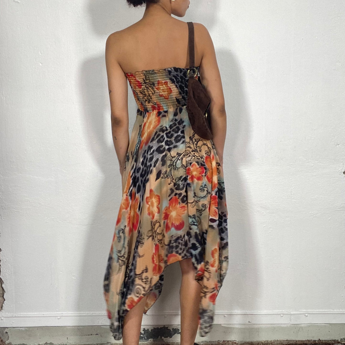 Vintage 2000's Funky Floral and Leo Print Strapless Mesh Dress with Scrunched Bust Part (S/M)