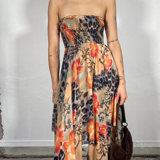 Vintage 2000's Funky Floral and Leo Print Strapless Mesh Dress with Scrunched Bust Part (S/M)