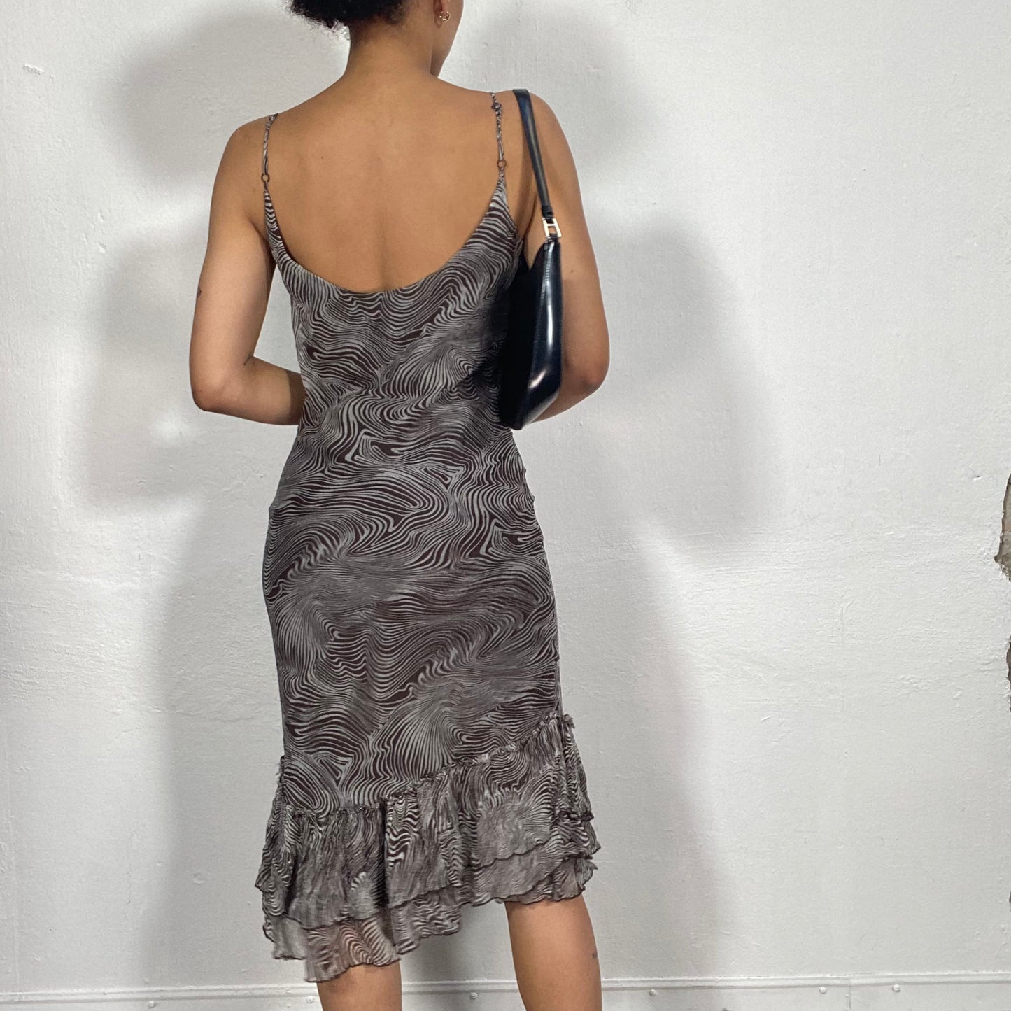 Vintage 2000's Summer Brown Chiffon Dress with Swirly Print and Ruffle Hem (S)