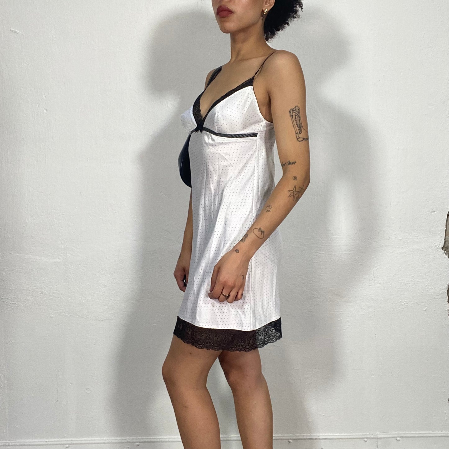 Vintage 2000's Soft Girl White Satin Cami Dress with Black Polka Dots (S)