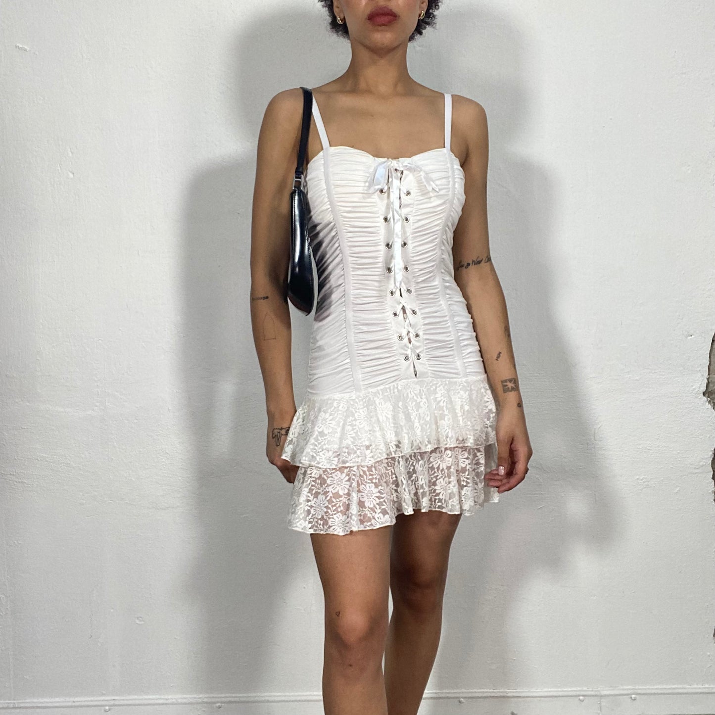 Vintage 2000's Morgan Grunge White Scrunched Mini Dress with Lace Up Detail (S/M)