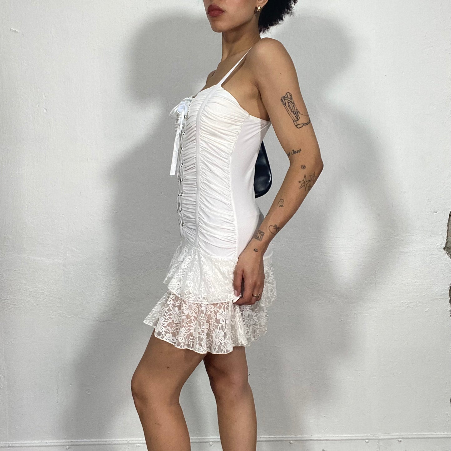 Vintage 2000's Morgan Grunge White Scrunched Mini Dress with Lace Up Detail (S/M)