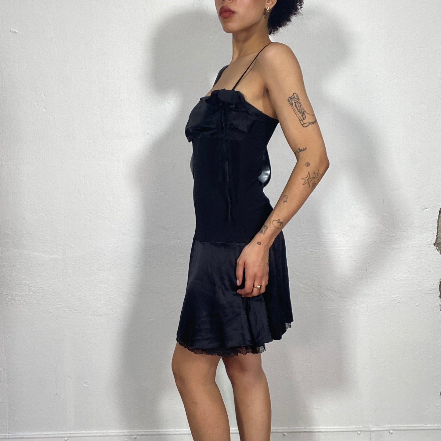 Vintage 2000's Date Night Black Satin and Silk Mini Dress with Flower Detail (S)