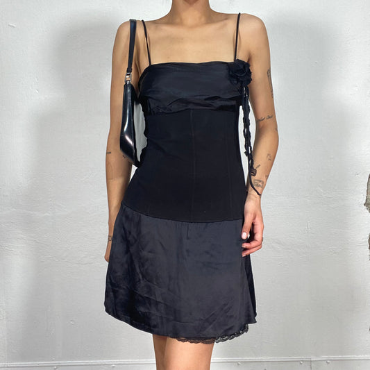 Vintage 2000's Date Night Black Satin and Silk Mini Dress with Flower Detail (S)