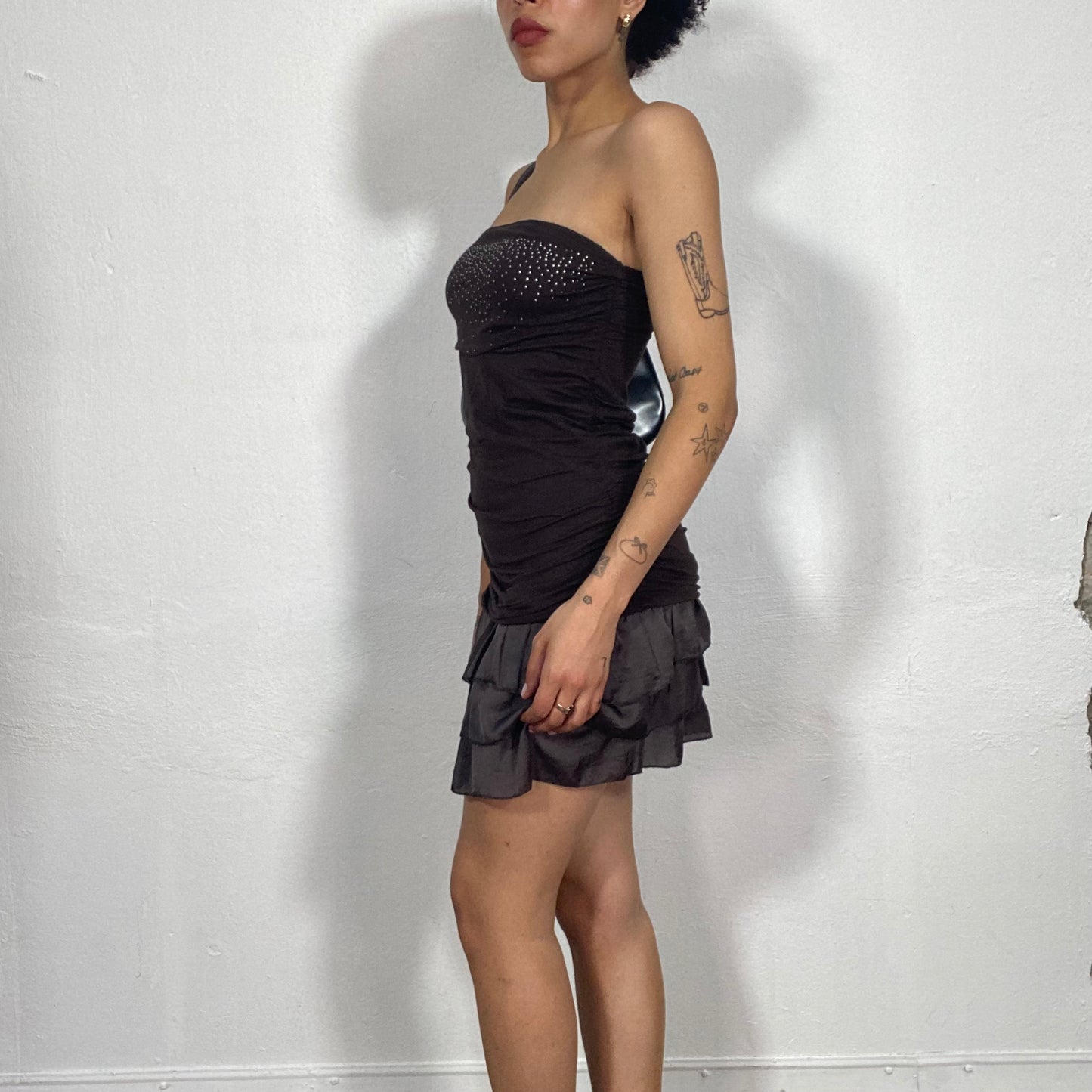 Vintage 2000's Sleaze Brown Strapless Mini Dress with Silver Details (S)