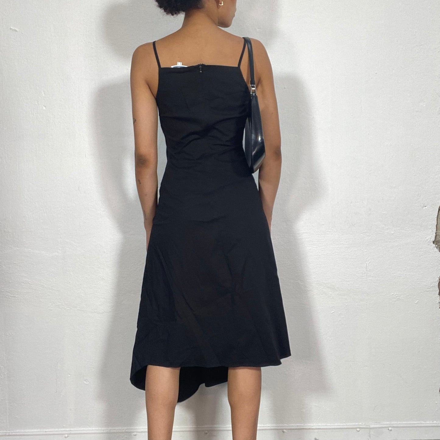 Vintage 2000's Classic Black High Neck Midi Dress with Asymmetrical Hem (S)