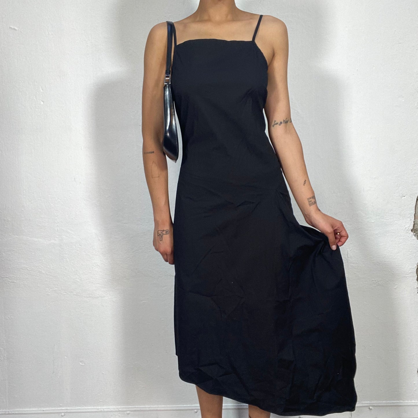 Vintage 2000's Classic Black High Neck Midi Dress with Asymmetrical Hem (S)