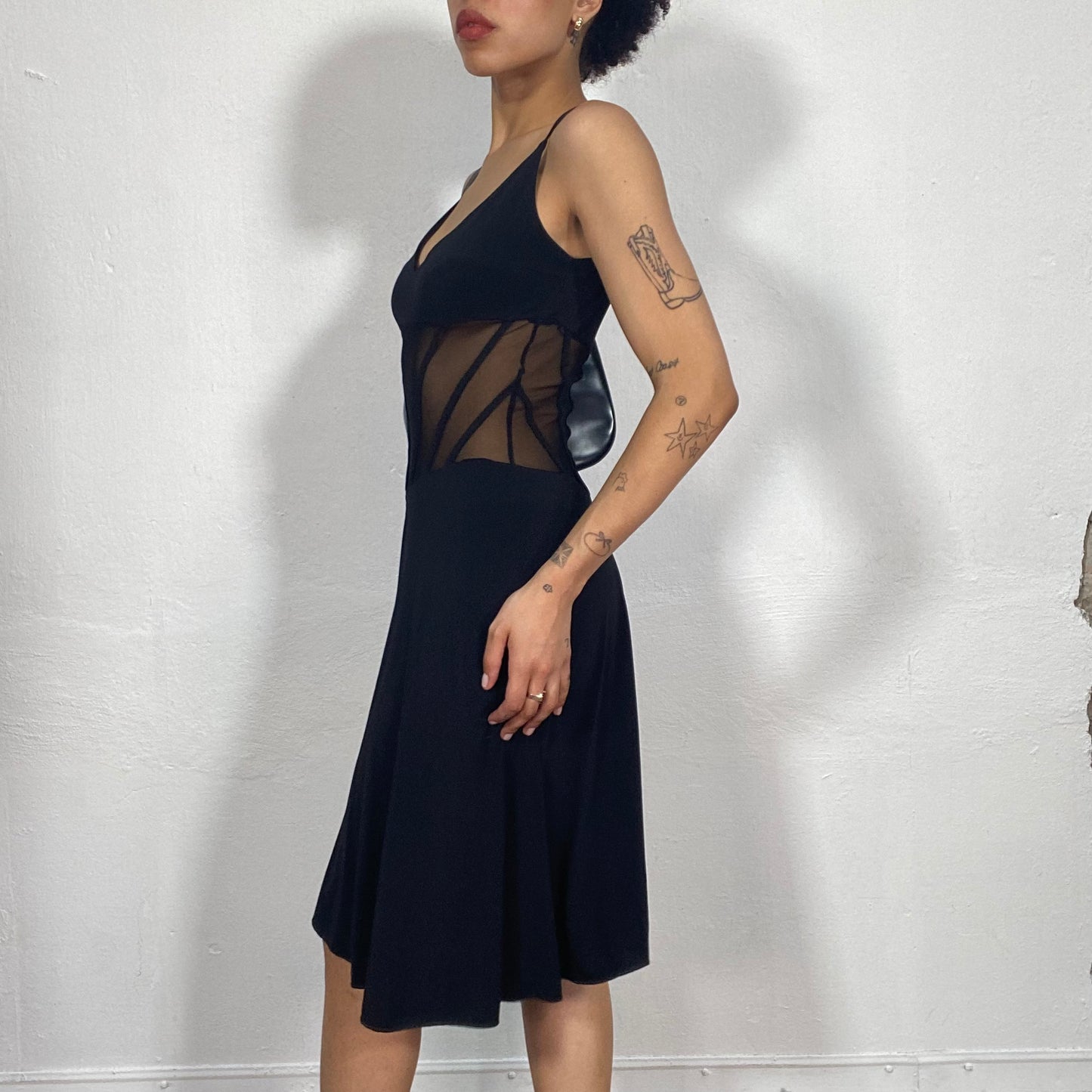 Vintage 2000's Night Out Black Midi Dress with Mesh Waist Part (S)