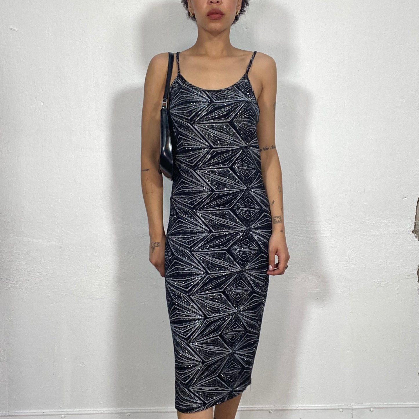 Vintage 2000's Festive Black Body Con Midi Dress with Glitter Rhombus Print (M) la