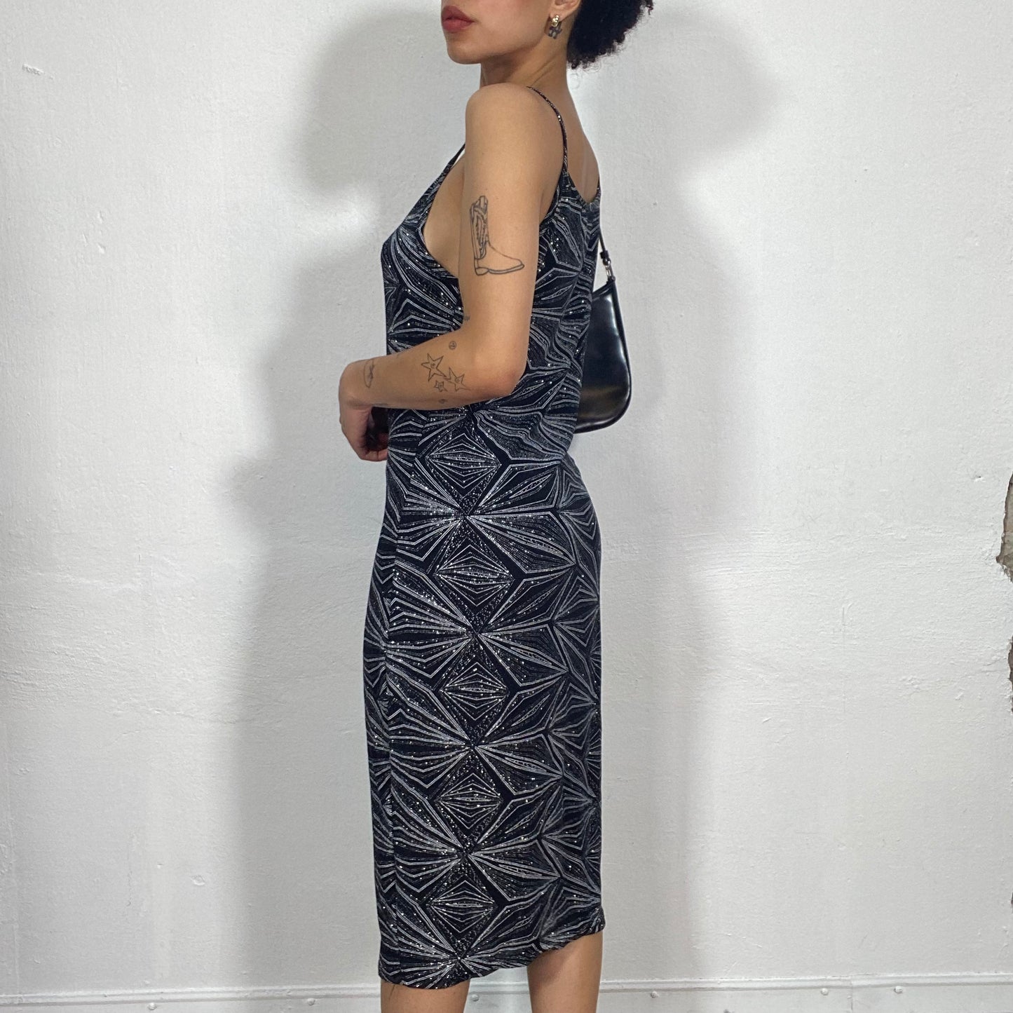 Vintage 2000's Festive Black Body Con Midi Dress with Glitter Rhombus Print (M) la