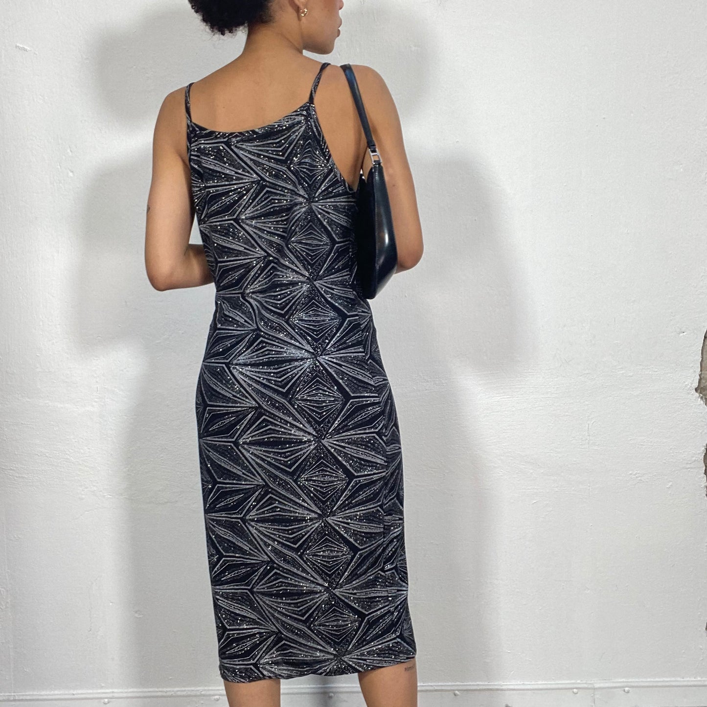 Vintage 2000's Festive Black Body Con Midi Dress with Glitter Rhombus Print (M) la