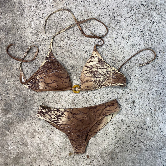 Vintage 90's Funky Brown and Beige Snake Print Bikini (XS)