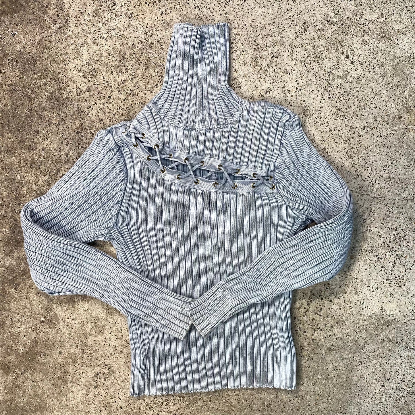 Vintage 2000's Downtown Girl Baby Blue Ribbed Knit Jumper with Lace Up Detail (S)