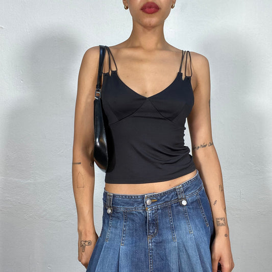 Vintage 90's Model Off Duty Black V-Neck Top with Multiple Straps Detail (S)