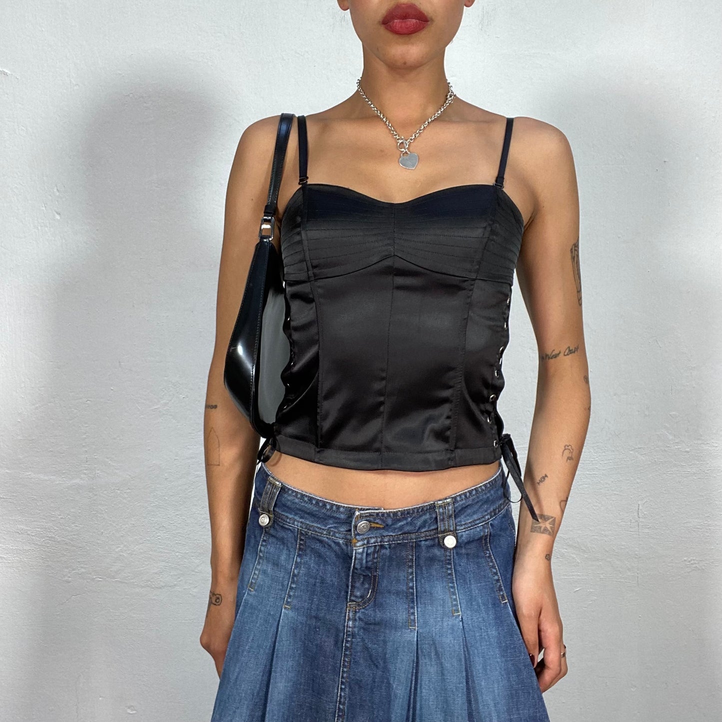 Vintage 90's Model Off Duty Black Satin Corset Top with Lace Up Detail on the Sides (S)