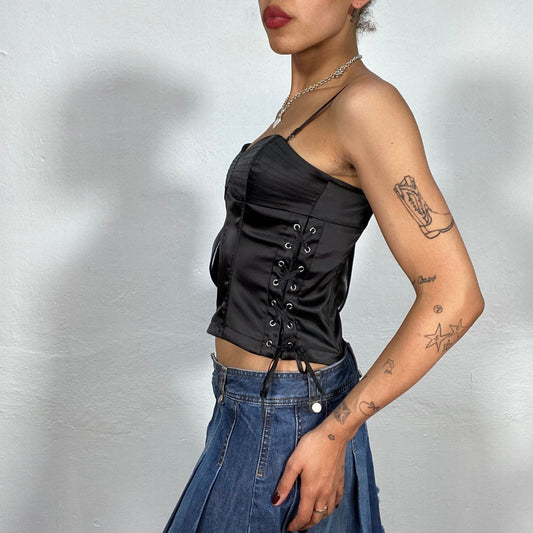 Vintage 90's Model Off Duty Black Satin Corset Top with Lace Up Detail on the Sides (S)