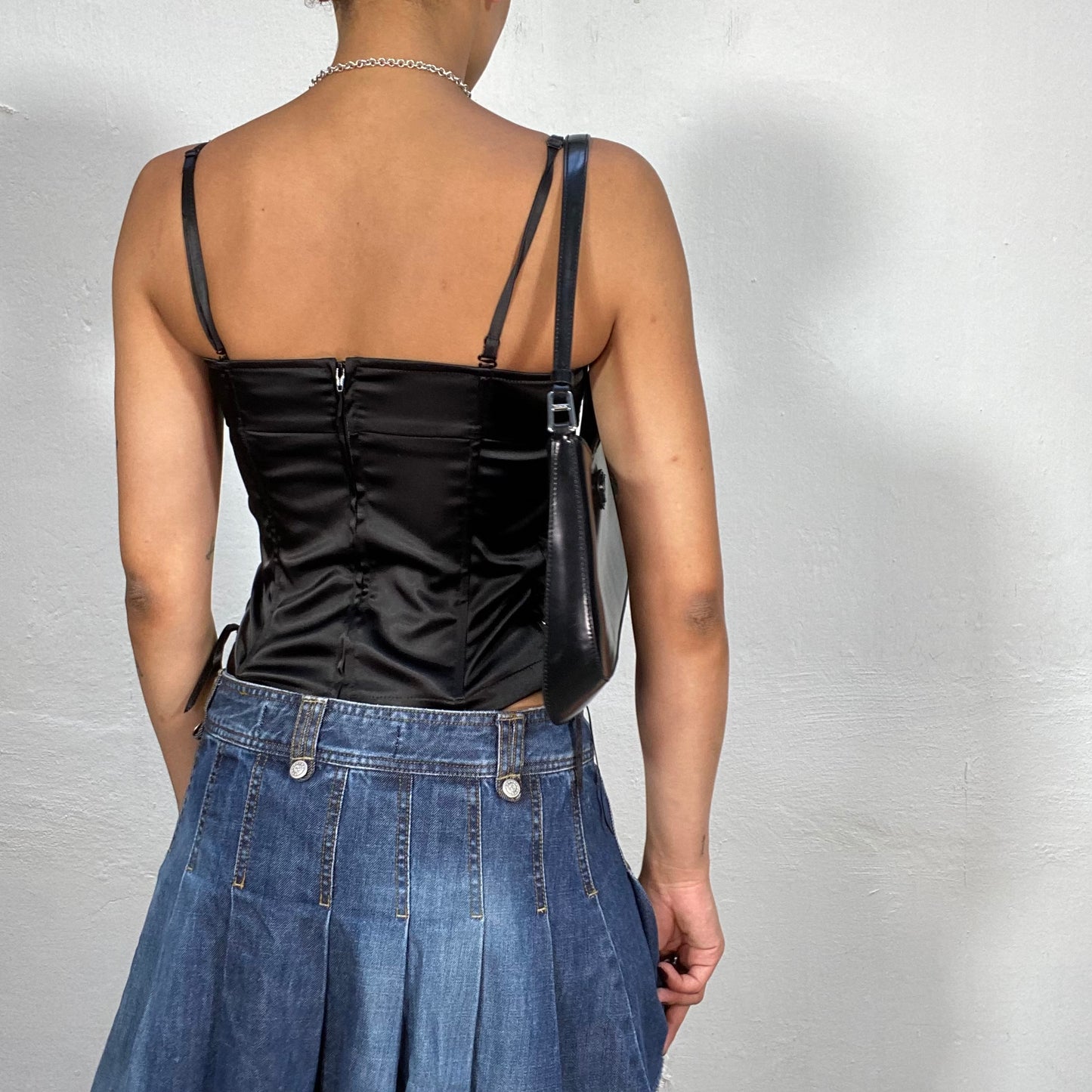 Vintage 90's Model Off Duty Black Satin Corset Top with Lace Up Detail on the Sides (S)