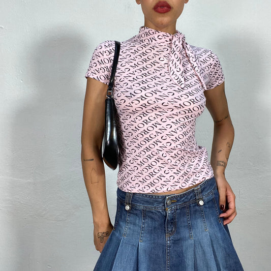 Vintage 2000's Morgan Barbie Pink Turtleneck Top with Monogram Print (S)