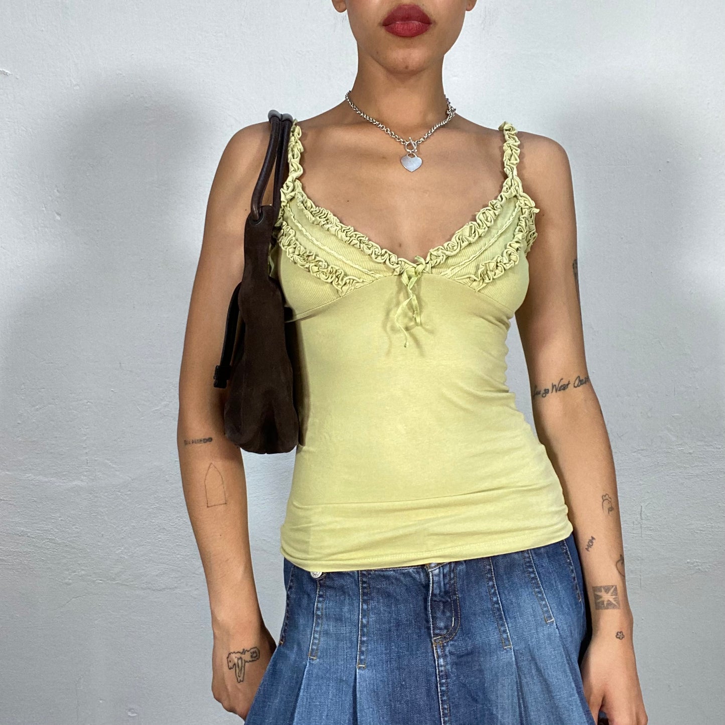 Vintage 2000's Mermaid Khaki V-Neck Cami Top with Frills Details (S)