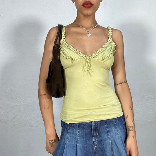 Vintage 2000's Mermaid Khaki V-Neck Cami Top with Frills Details (S)