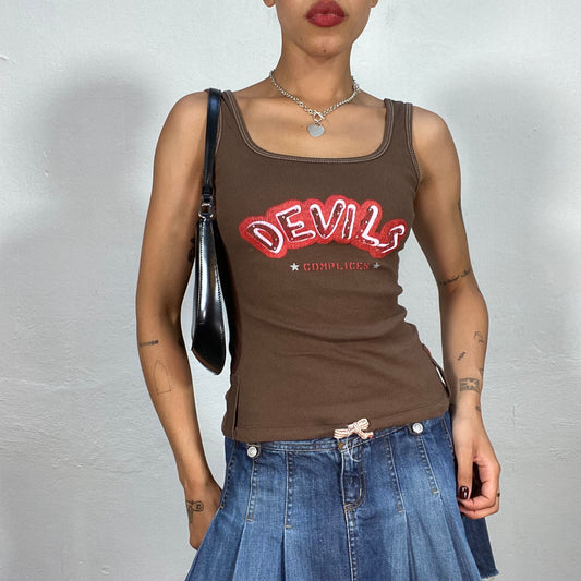 Vintage 2000's Downtown Girl Brown Tank Top with "Devils Complices" Print (S)