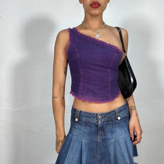 Vintage 2000's Streetwear Purple Washed Out Denim One Shoulder Top (S/M)